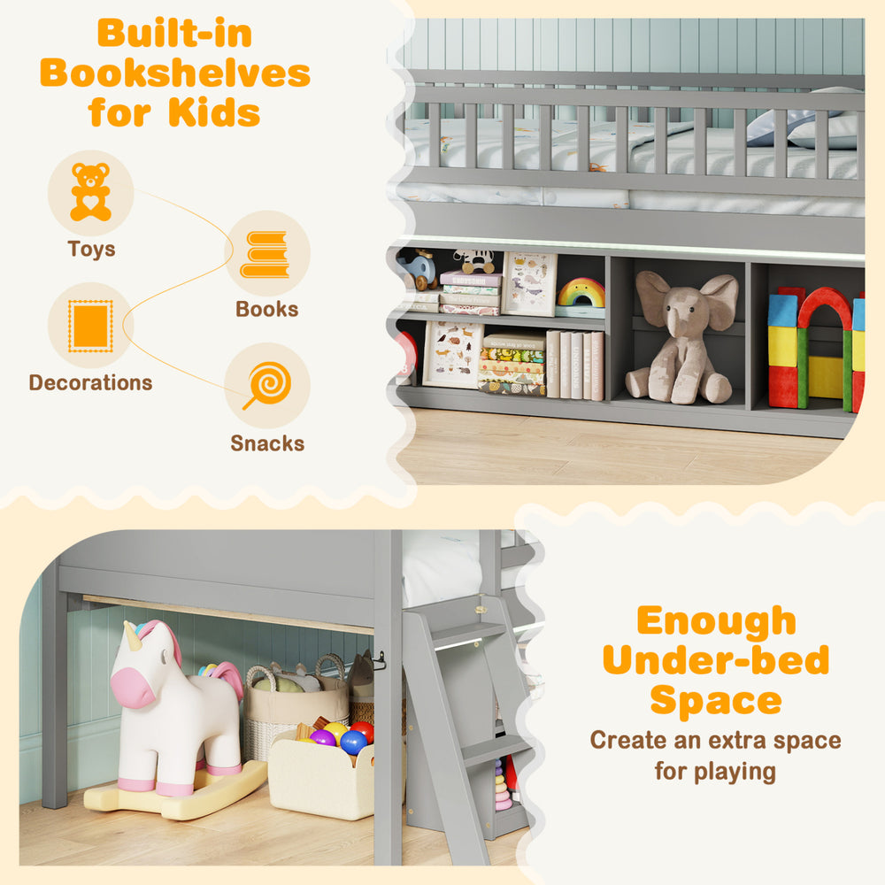 Twin size loft bed in gray featuring built-in bookshelves, adjustable LED lights, and ample under-bed space for play.