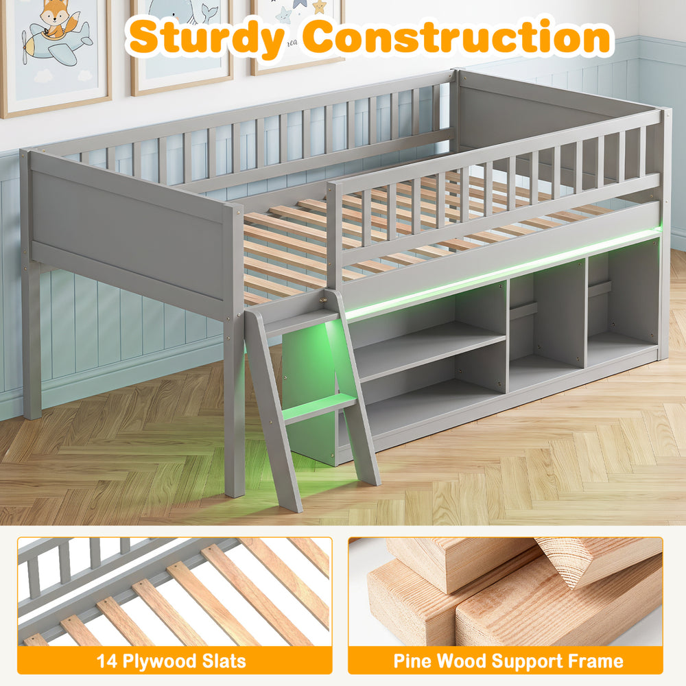 Twin size loft bed in gray with adjustable LED lights, bookshelves, guardrails, and sturdy plywood slats for kids.