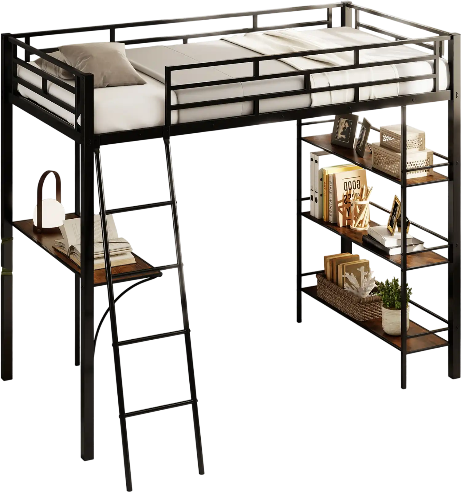 Costway Twin Loft Bed with Desk & Shelves Black 582416793 New