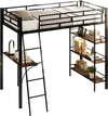 Twin size black loft bed with integrated desk and shelves, featuring a sturdy metal frame and ample under-bed storage.