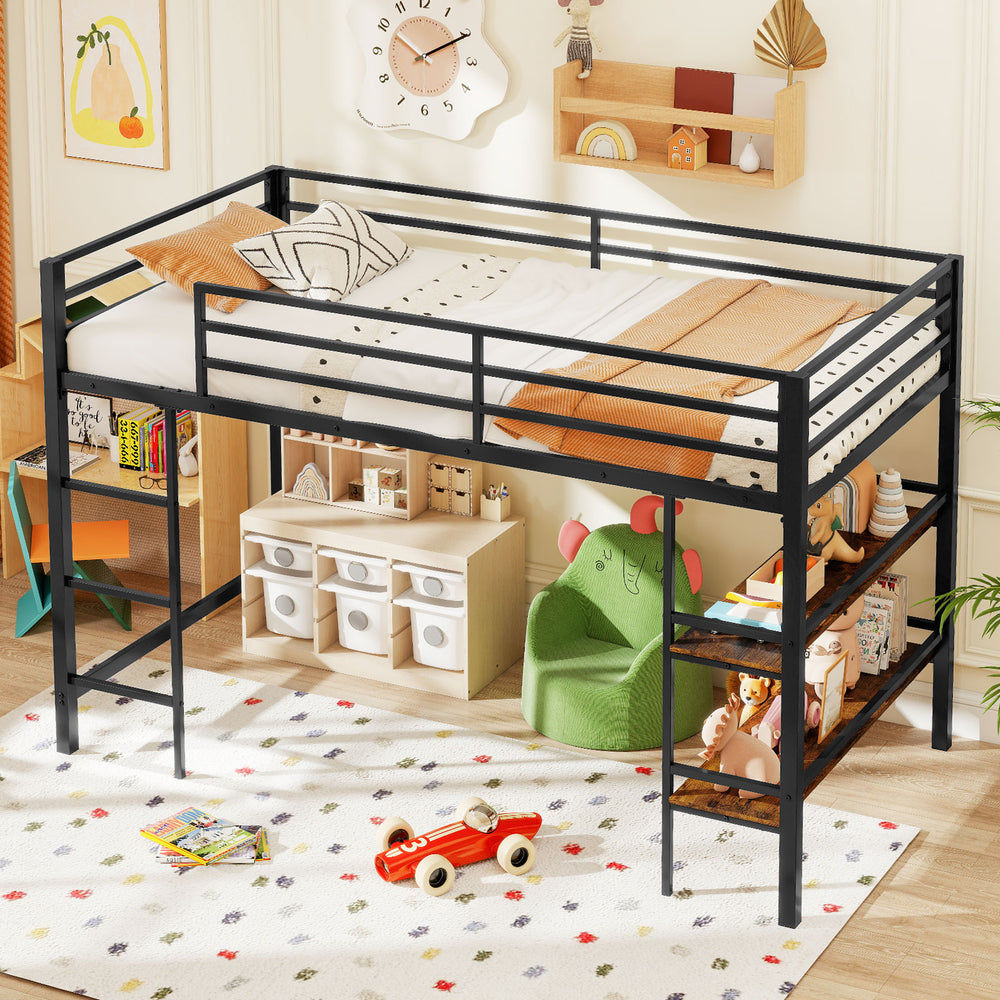 Twin Size Low Loft Bed with Ladder and Storage Shelves Metal Frame for Boys Girls-Black - Gallery View 1 of 10