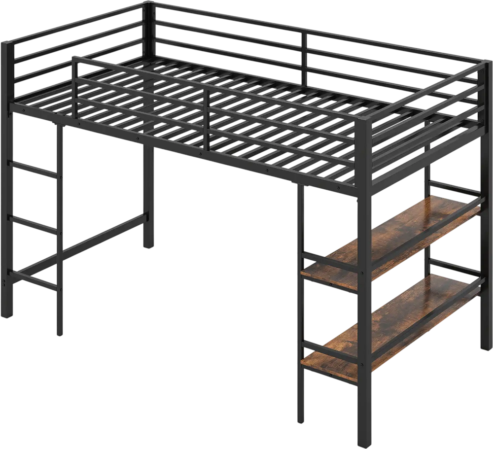 Twin size low loft bed in black metal with integrated storage shelves and sturdy ladder for kids' rooms.