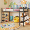Low loft bed in black metal featuring a sturdy ladder and ample under-bed space for play and storage in kids' rooms.