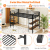 Twin size low loft bed in black metal with integrated storage shelves and sturdy ladder, perfect for kids' rooms.