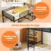 Twin size low loft bed in black with full-length guardrails and sturdy 3-step ladder, ideal for kids' rooms.