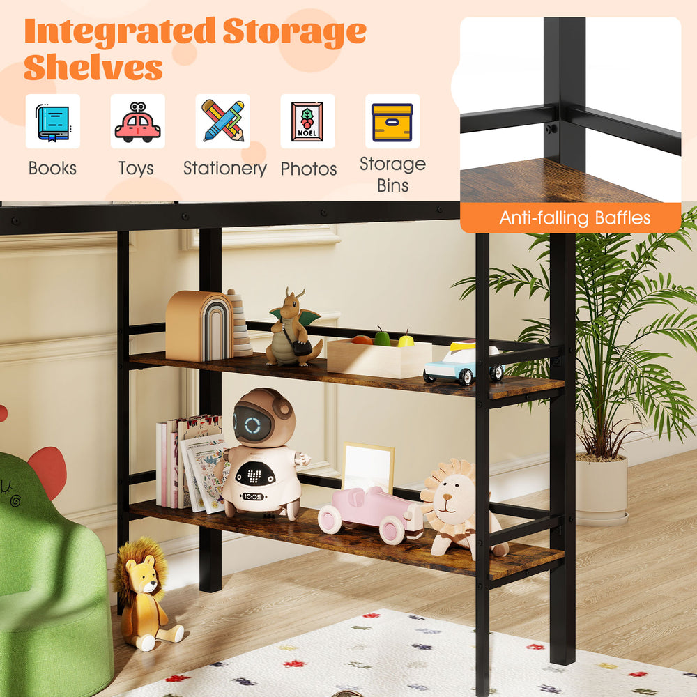 Integrated storage shelves with anti-falling baffles for books and toys under the Twin Size Low Loft Bed in black.