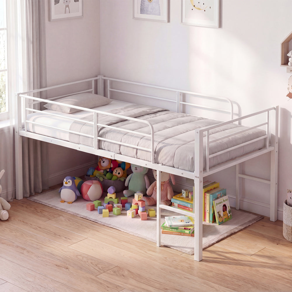 Twin Size Low Loft Bed with Safety Guardrails and 2 Ladders-White - Gallery View 1 of 10