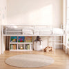 Twin size low loft bed in white with safety guardrails, two ladders, and ample under-bed storage for kids' rooms.