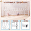 Twin size low loft bed in white with safety guardrails, two ladders, and sturdy metal construction for kids' safety.
