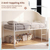 Twin size low loft bed in white with safety guardrails, two ladders, and anti-toppling kits for secure wall attachment.