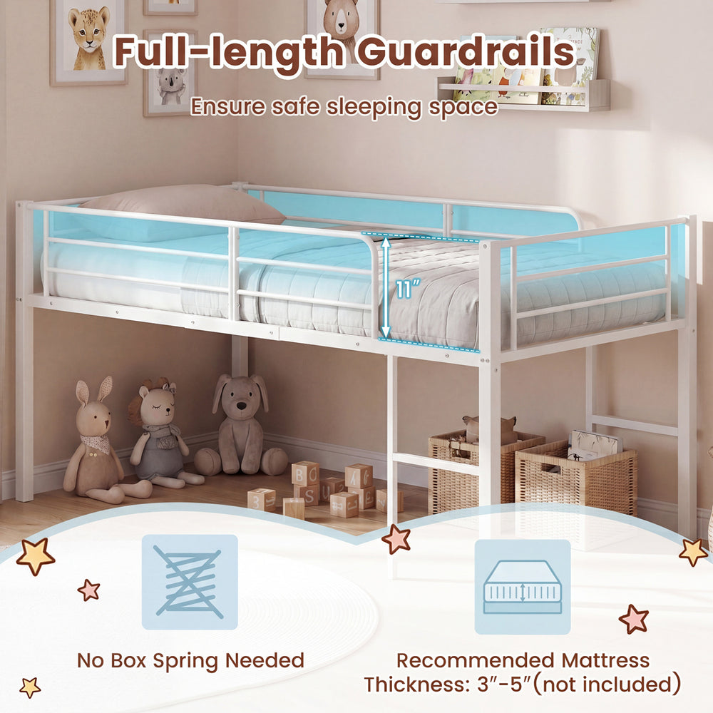 Twin size low loft bed in white with full-length guardrails and two ladders, designed for safety and storage.