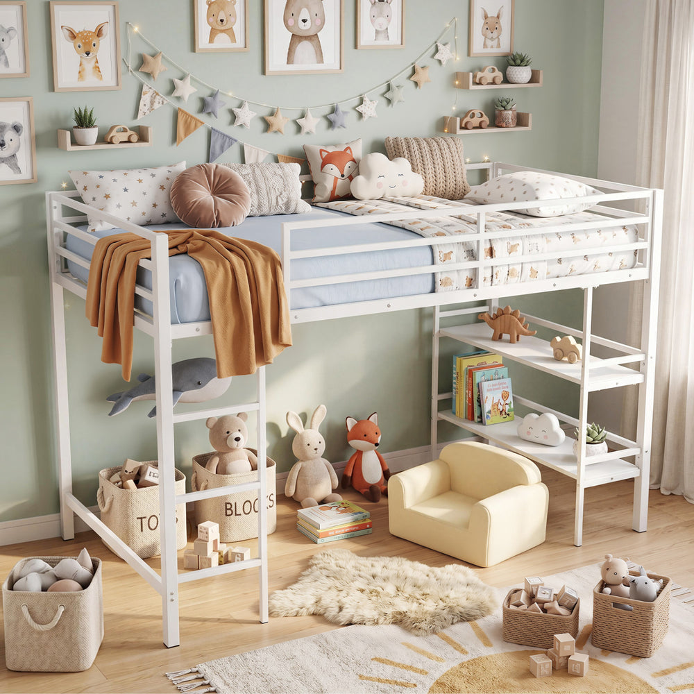 Twin Size Low Loft Bed with Ladder and Storage Shelves Metal Frame for Boys Girls-White - Gallery View 1 of 11