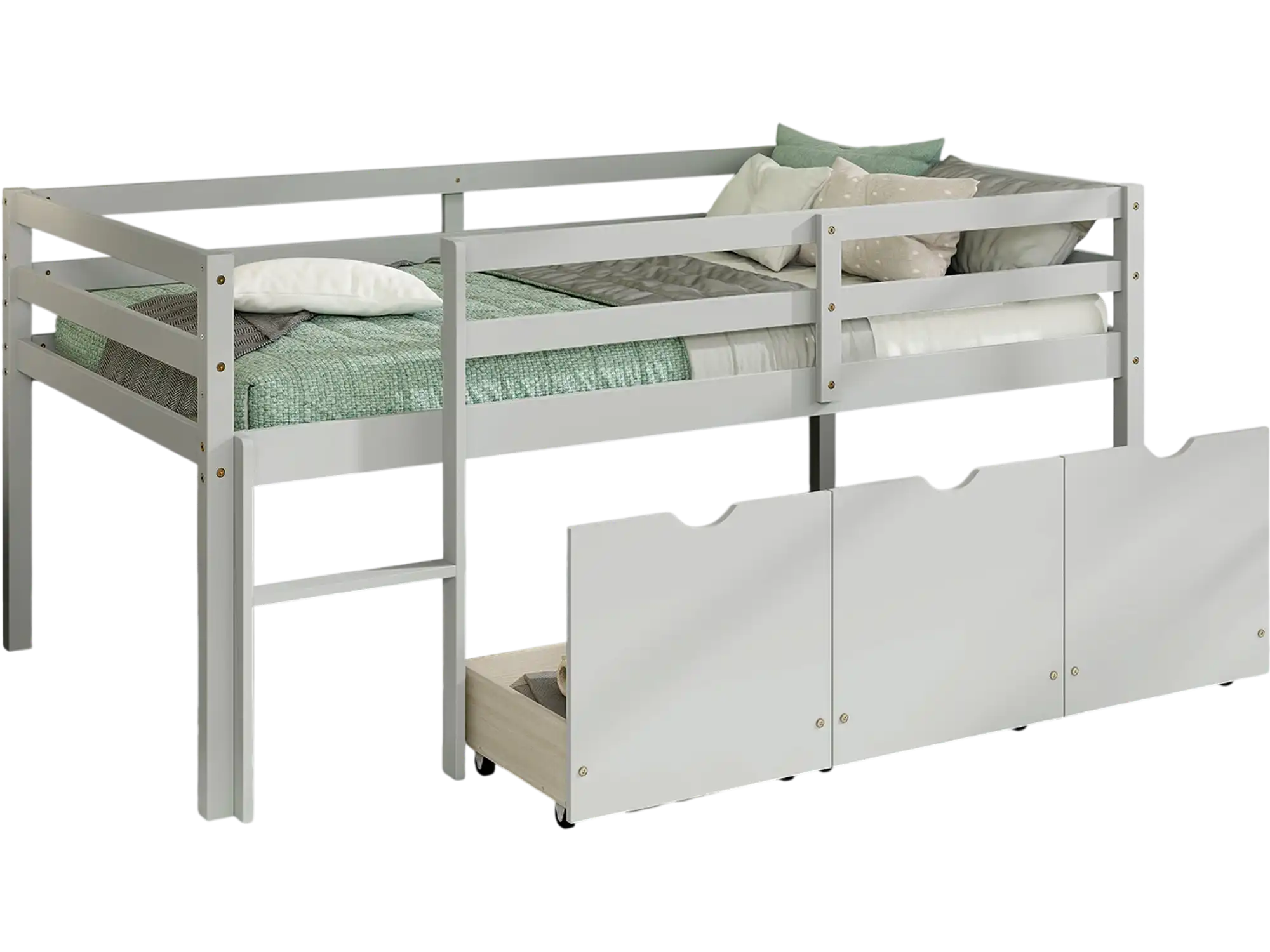 Costway Twin Low Loft Bed w/ 3 Drawers Ladder Full-Length Guardrails Gray 96385427 New