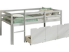 Twin size low loft bed in gray with full-length guardrails and 3 storage drawers for organized bedroom space.