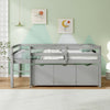 Twin size low loft bed in gray with 3 storage drawers, full-length guardrails, and integrated ladder for safety.