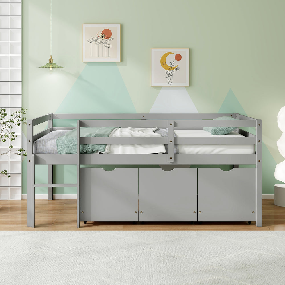Twin size low loft bed in gray with 3 storage drawers, full-length guardrails, and integrated ladder for safety.