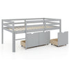 Twin size gray low loft bed with integrated ladder and three storage drawers for efficient space-saving.