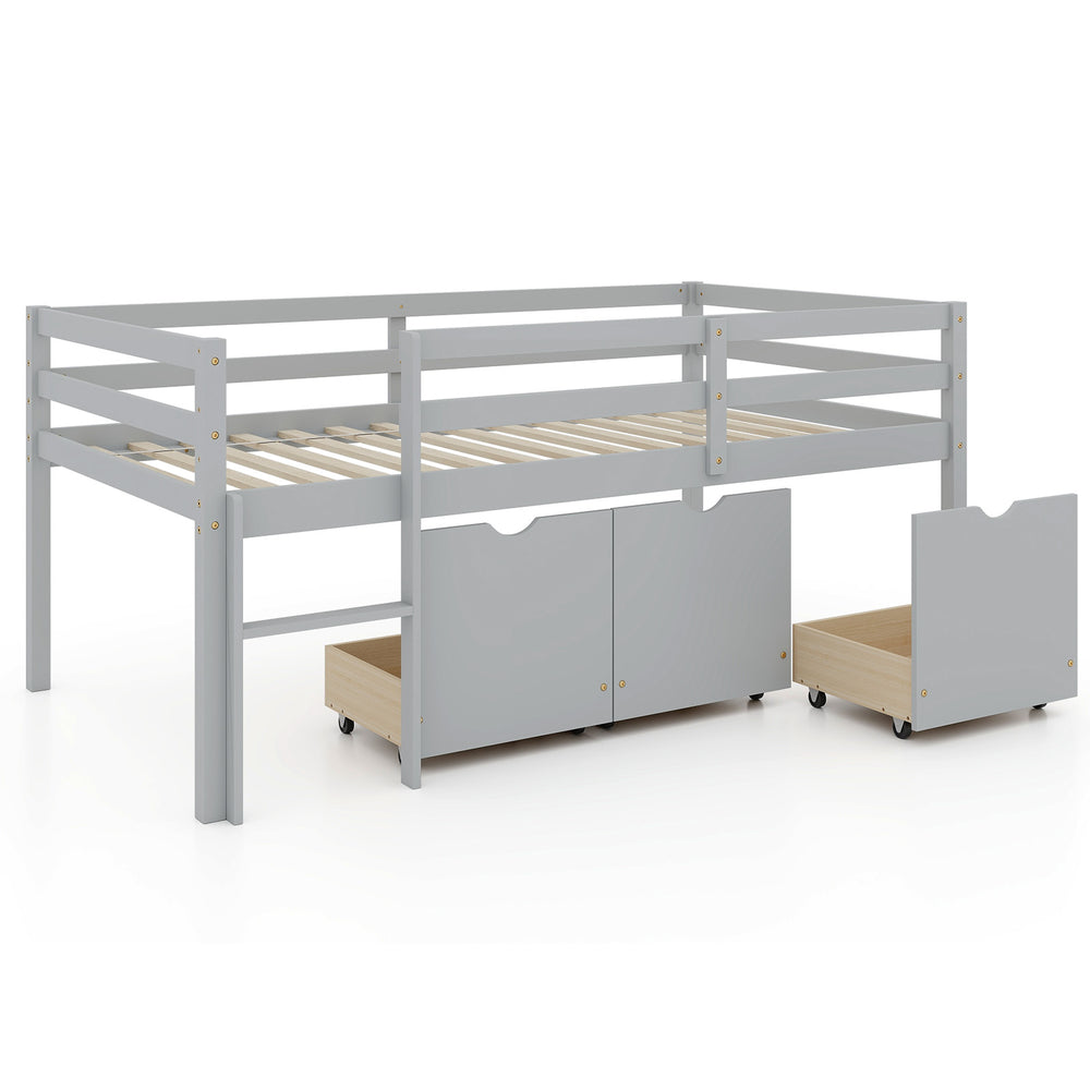 Twin size gray low loft bed with integrated ladder and three storage drawers for efficient space-saving.