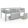 Twin size low loft bed in gray with full-length guardrails and three storage drawers for efficient space-saving.