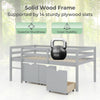 Twin size low loft bed in gray with solid wood frame, 3 storage drawers, and full-length guardrails for safety.