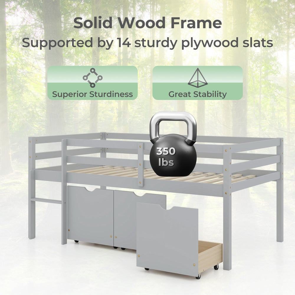 Twin size low loft bed in gray with solid wood frame, 3 storage drawers, and full-length guardrails for safety.
