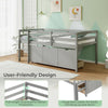 Twin size low loft bed in gray with integrated ladder, full-length guardrails, and three storage drawers for.