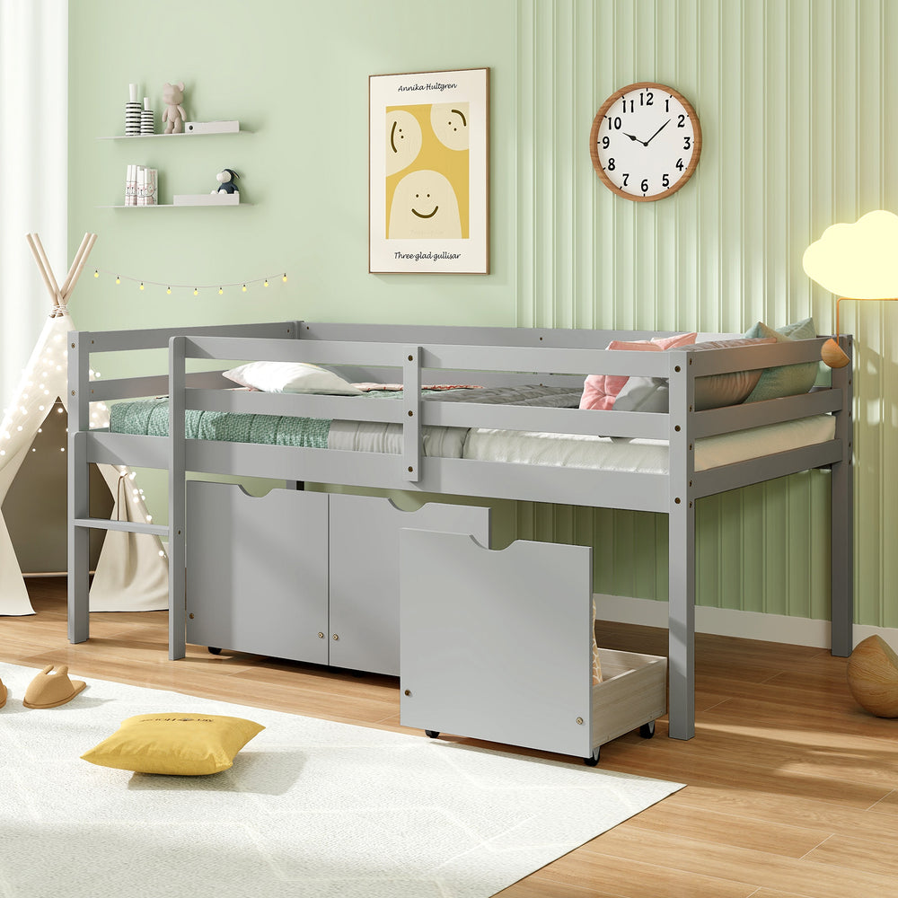 Twin size low loft bed in gray featuring a sturdy wooden frame, integrated ladder, and spacious drawers for organized.