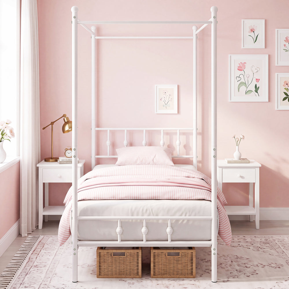 Twin size white metal canopy bed frame with decorative headboard and footboard, perfect for personalized sleep spaces.
