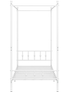 Twin size white metal canopy bed frame with decorative headboard and footboard, featuring reliable support and ample under-bed space.