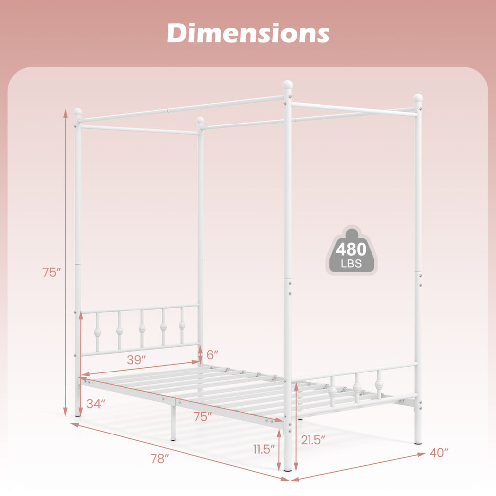 Twin size white metal canopy bed frame with headboard and footboard, featuring decorative accents and sturdy support.