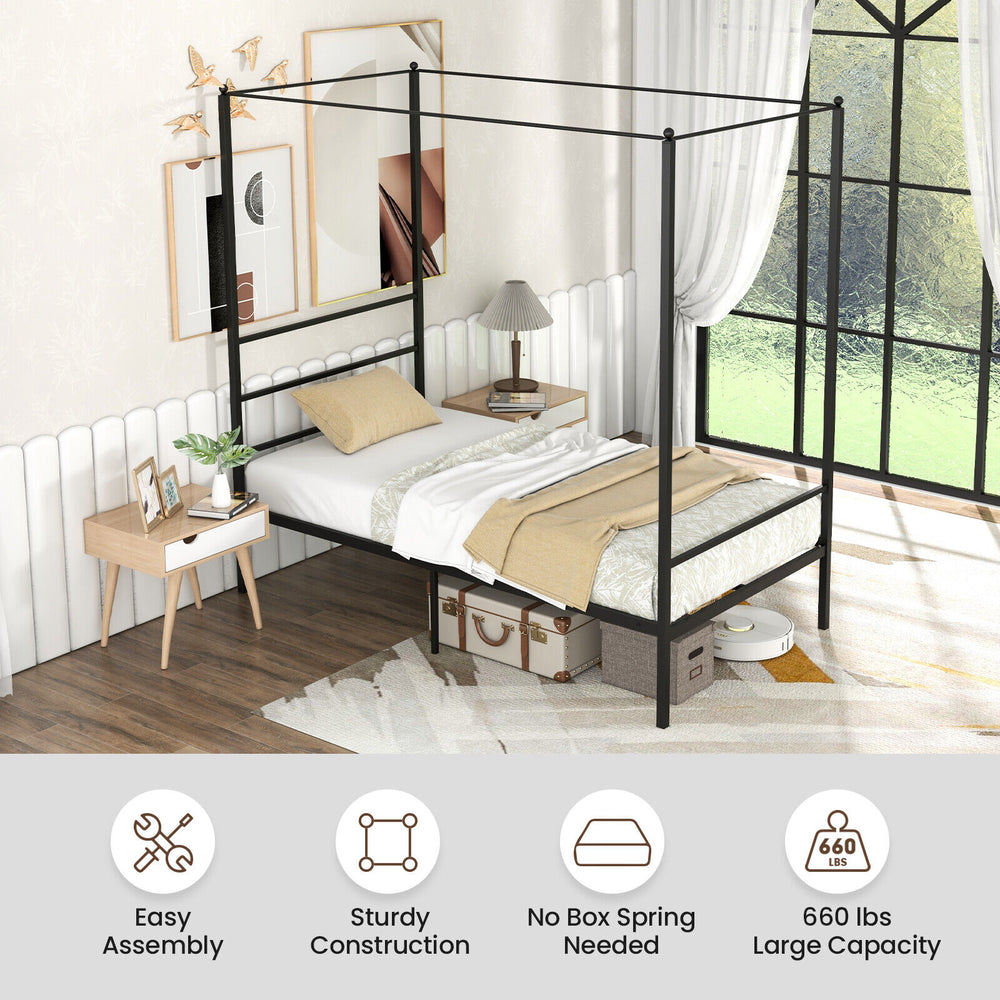 Twin size metal canopy bed frame with slat support, sturdy design, and 12.5" clearance for storage in a modern bedroom.