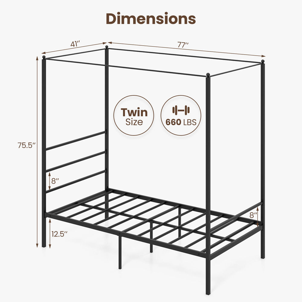 Twin size metal canopy bed frame with slat support, 75.5" height, 660 lbs capacity, ideal for elegant bedroom decor.