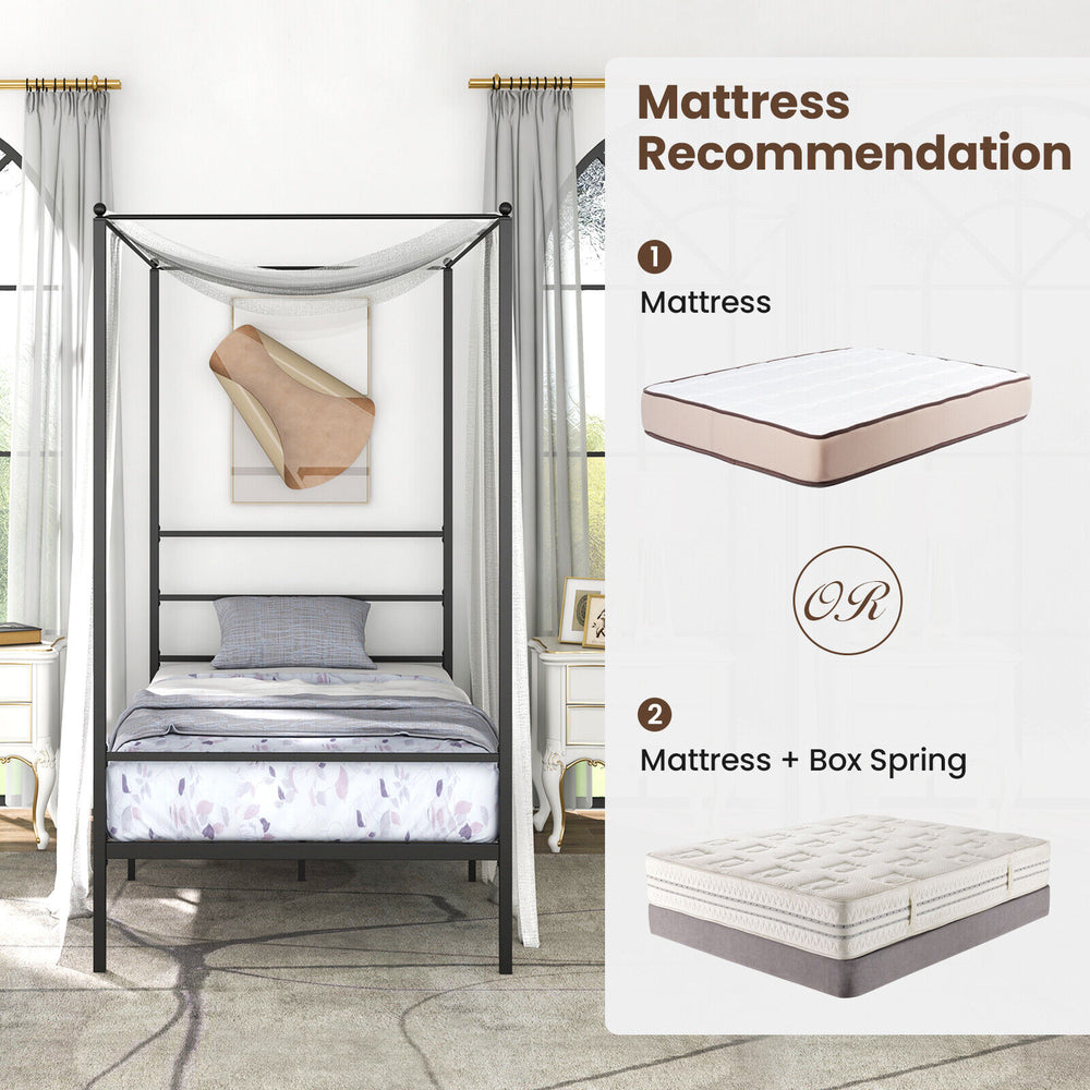 Twin size metal canopy bed frame with slat support, sturdy design, and 12.5" clearance for storage space.