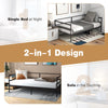 Twin size metal daybed frame shown as a bed at night and a sofa during the day, ideal for living room or bedroom use.