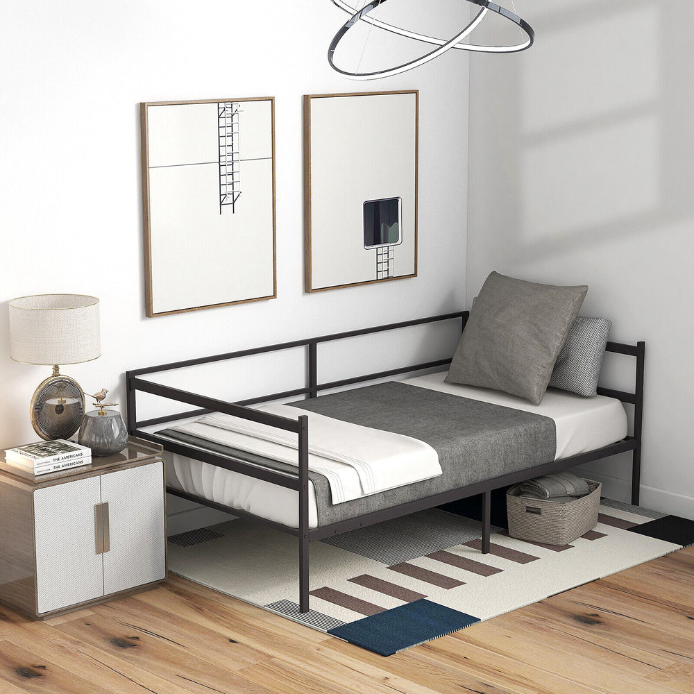 Twin size metal daybed frame in modern style, featuring sturdy slats and support legs, perfect for living room or.