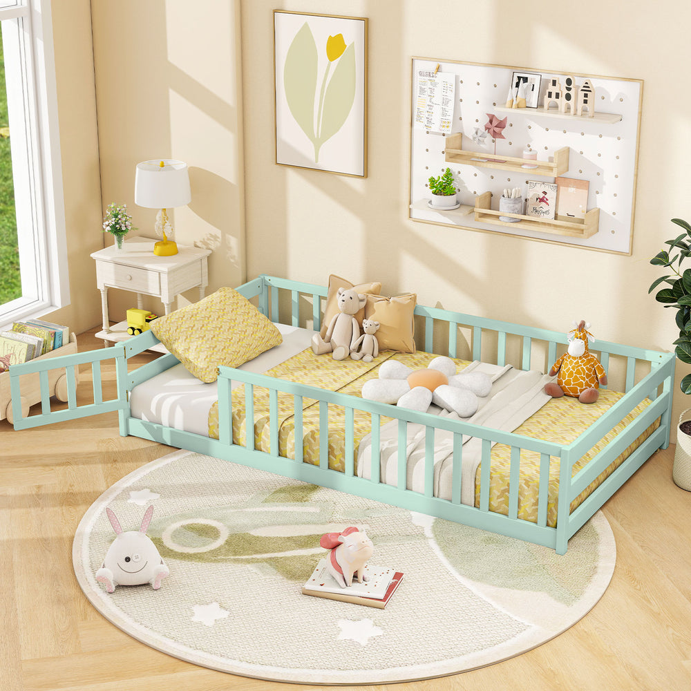 Twin Size Montessori Floor Bed Frame with Full Length Safety Guardrails-Green - Gallery View 1 of 10