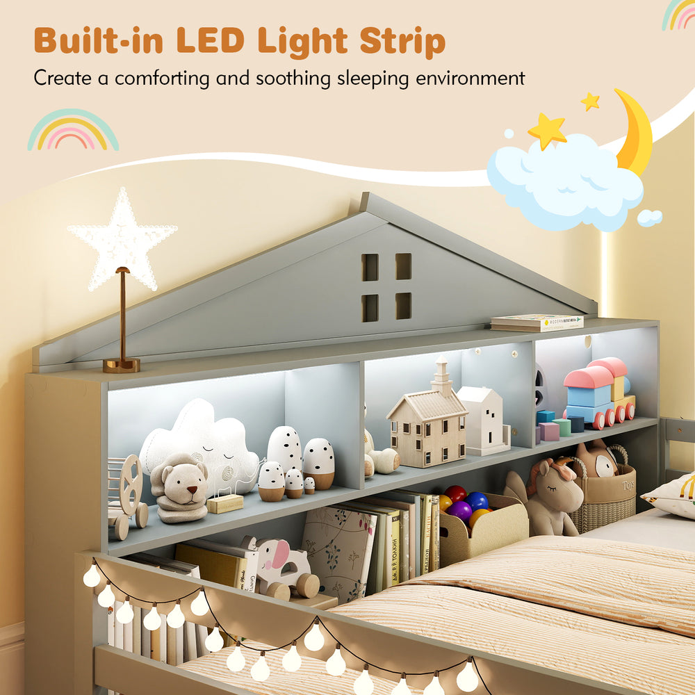 Twin size Montessori floor bed with storage and built-in LED light strip for a cozy children's sleeping environment.