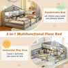 Twin size Montessori floor bed in gray with storage compartments, featuring a house shape for sleep and play.