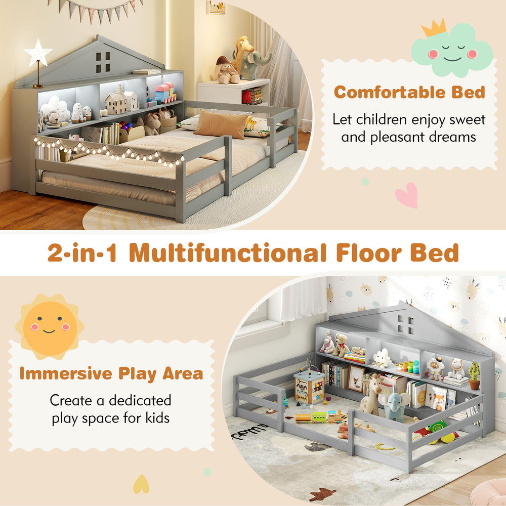 Twin size Montessori floor bed in gray with storage compartments, featuring a house shape for sleep and play.