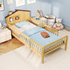 Twin size kids Montessori bed with house-shaped headboard, natural pine wood, and built-in storage shelf for toys.