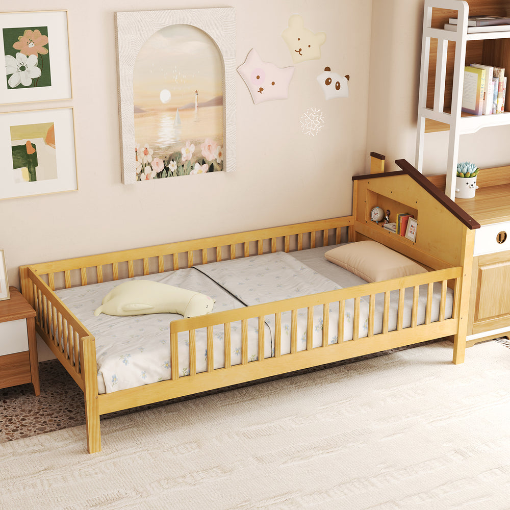 Twin size kids Montessori bed featuring a house-shaped headboard, solid pine wood frame, and guardrails for safety.