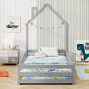 Twin size Montessori floor bed in gray with house shape, full-length guardrails, and lockable door for safe sleeping.