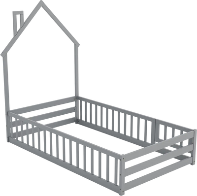 Costway Twin Montessori Floor Bed House Frame Lockable Door Full-Length Guardrail 89732456 New