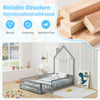 Twin size Montessori floor bed in gray with house shape, solid wood, and full-length guardrails for safe sleeping.