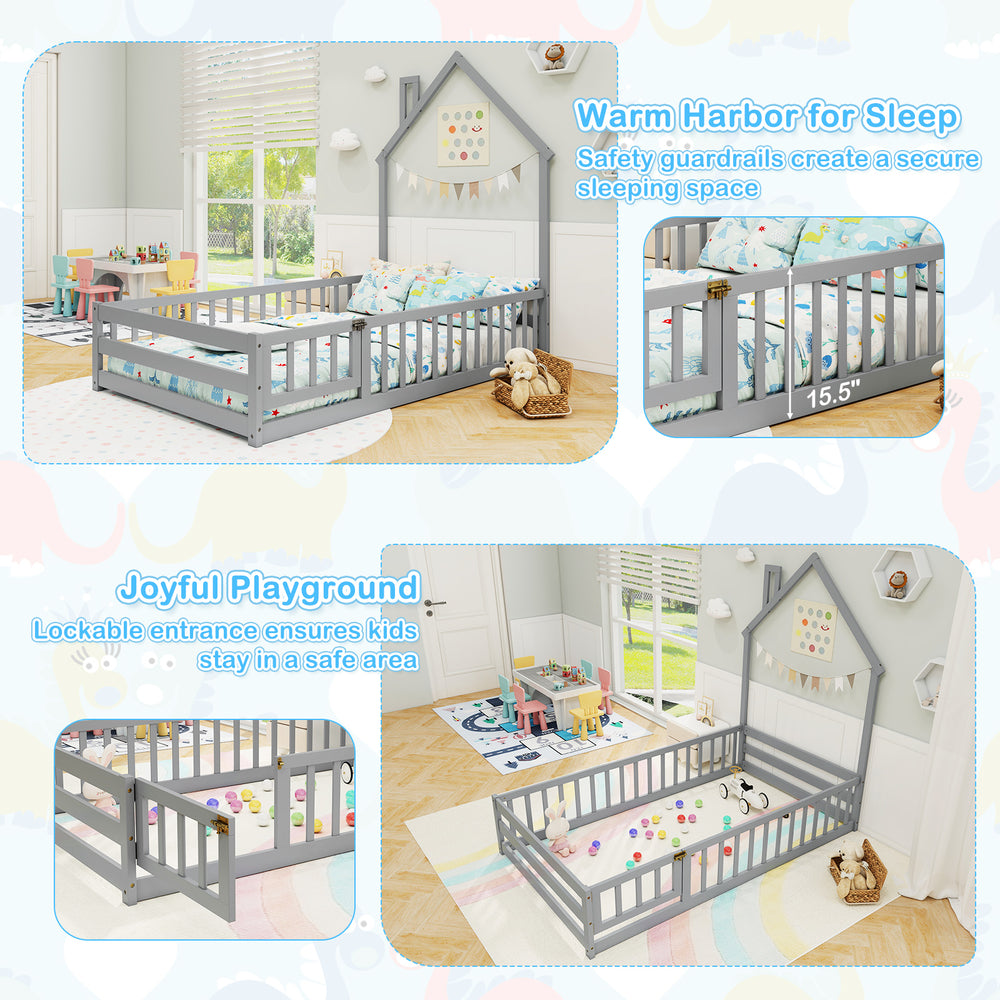 Twin size Montessori floor bed in gray with lockable door and full-length guardrails for safe, independent sleep.