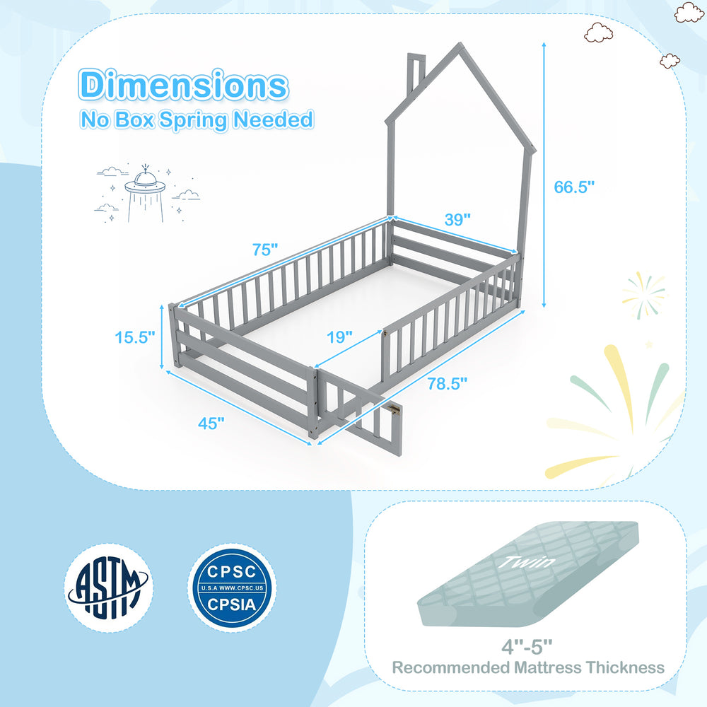 Twin size Montessori floor bed in gray with house shape, lockable door, and full-length guardrail for safe sleeping.