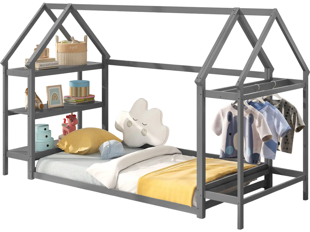 Twin size Montessori floor house bed in grey with detachable storage shelves, perfect for kids' rooms and playtime.