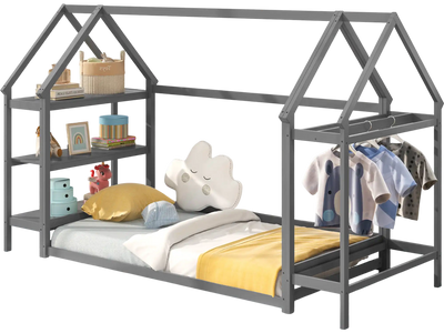 Costway Twin Montessori Floor House Bed w/ Detachable Storage Shelves Grey 836219745 New