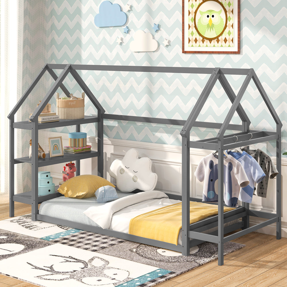 Twin Size Montessori Floor House Bed with Detachable Storage Shelves-Grey - Gallery View 1 of 10