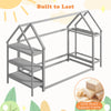 Montessori twin size floor house bed in grey with detachable storage shelves and solid wood support frame for kids'.